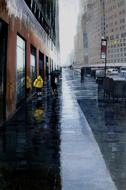 2010 Rain-A person wearing a yellow rain coat 72x48 inches oil on canvas.jpg